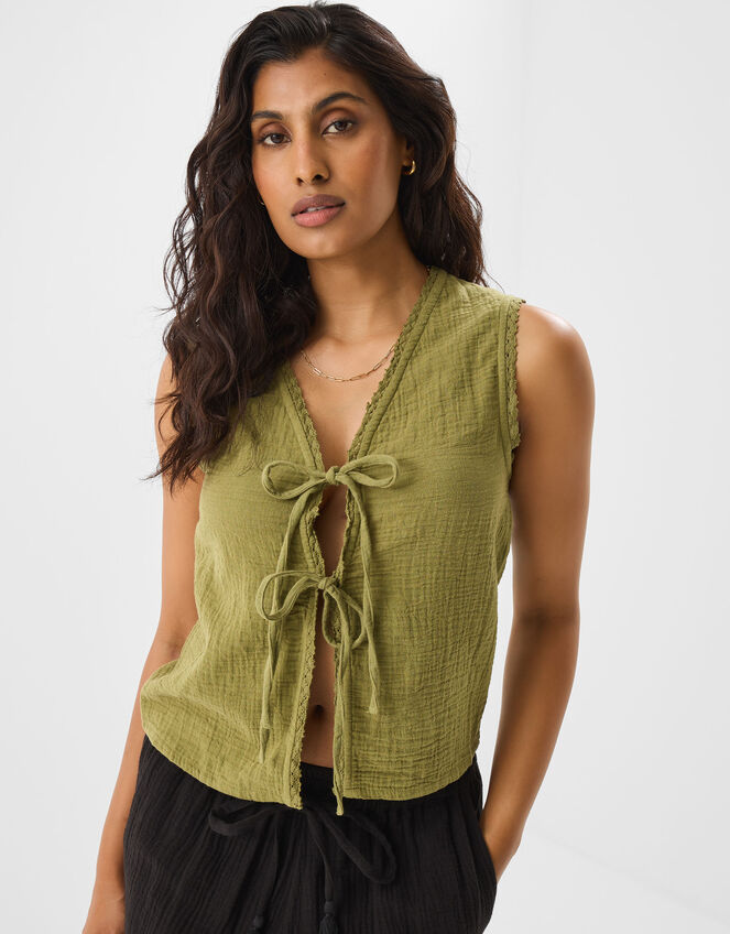 Tie-Front Crinkle Waistcoat, Green (KHAKI), large