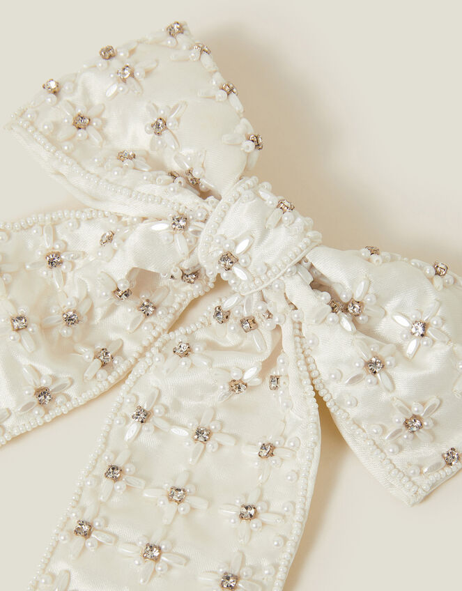 Pearl Diamante Bow Hair Clip, , large
