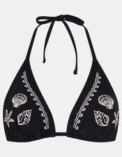 Shell Embroidered Triangle Bikini Top, Black (BLACK), large