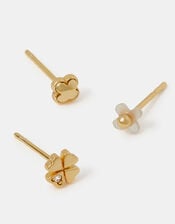 3-Pack 14ct Gold-Plated Mother of Pearl Clover Stud Earrings, , large