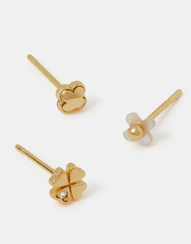 3-Pack 14ct Gold-Plated Mother of Pearl Clover Stud Earrings, , large