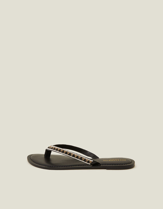 Beaded Faux Leather Flip Flops, Black (BLACK WHITE), large