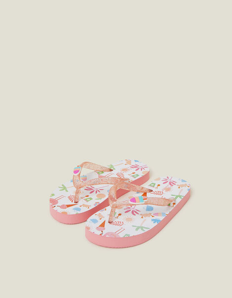 Girls Beach Print Glitter Flip Flops, Multi (BRIGHTS MULTI), large