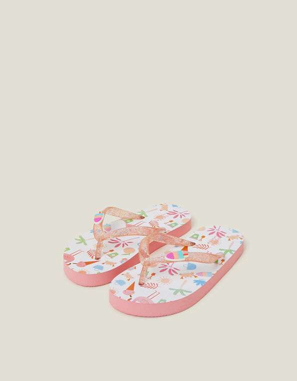 Girls Beach Print Glitter Flip Flops, Multi (BRIGHTS MULTI), large