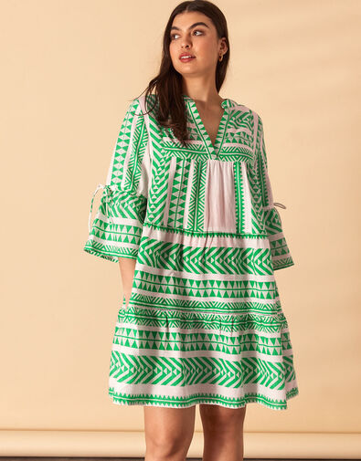 Print Jacquard Flute Sleeve Dress with Sustainable Cotton, Green (GREEN), large