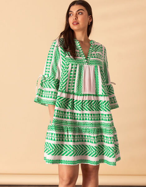 Print Jacquard Flute Sleeve Dress with Sustainable Cotton, Green (GREEN), large
