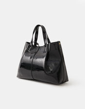 Faux Croc Skin Patent Tote Bag, Black (BLACK), large