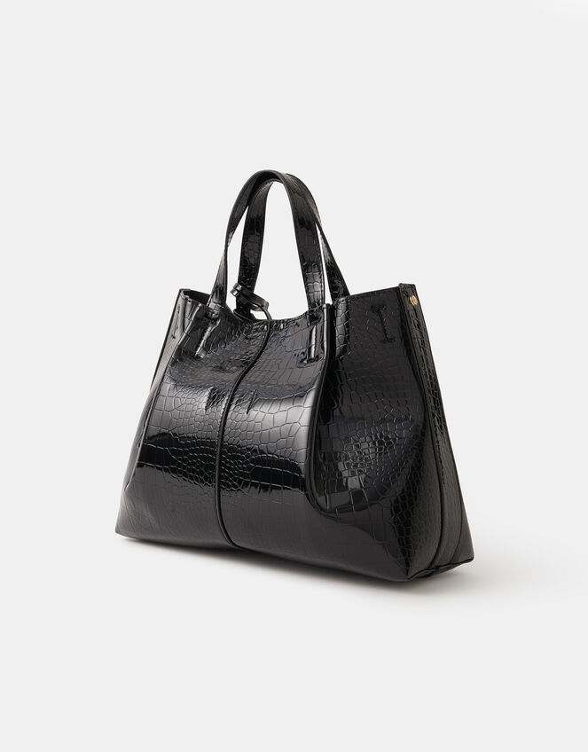 Faux Croc Skin Patent Tote Bag, Black (BLACK), large
