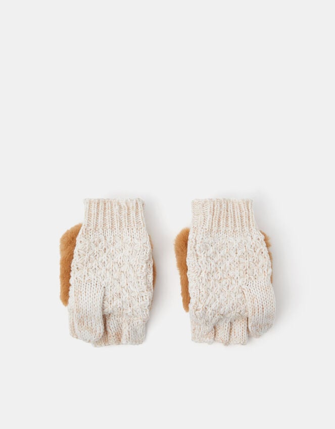 Girls Dog Fingerless Gloves with Mittens, Tan (TAN), large