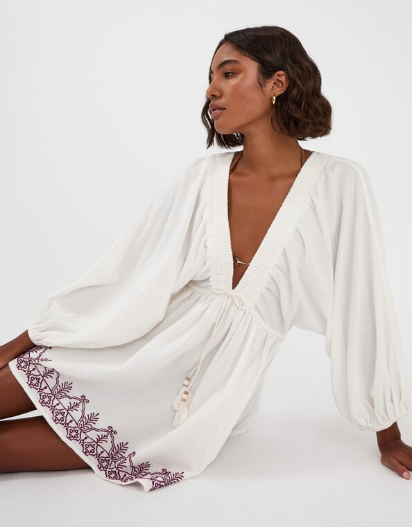 Embroidered Beach Cover Up Mini Dress, Ivory (IVORY), large