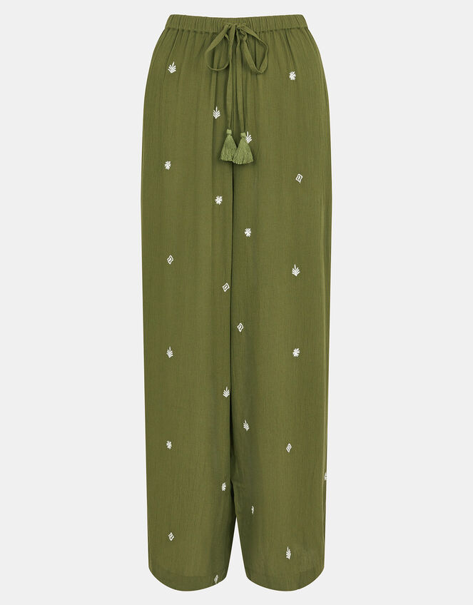 Embroidered Crinkle Trousers, Green (KHAKI), large