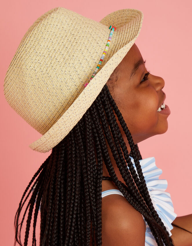 Girls Beaded Band Straw Hat, Natural (NATURAL), large