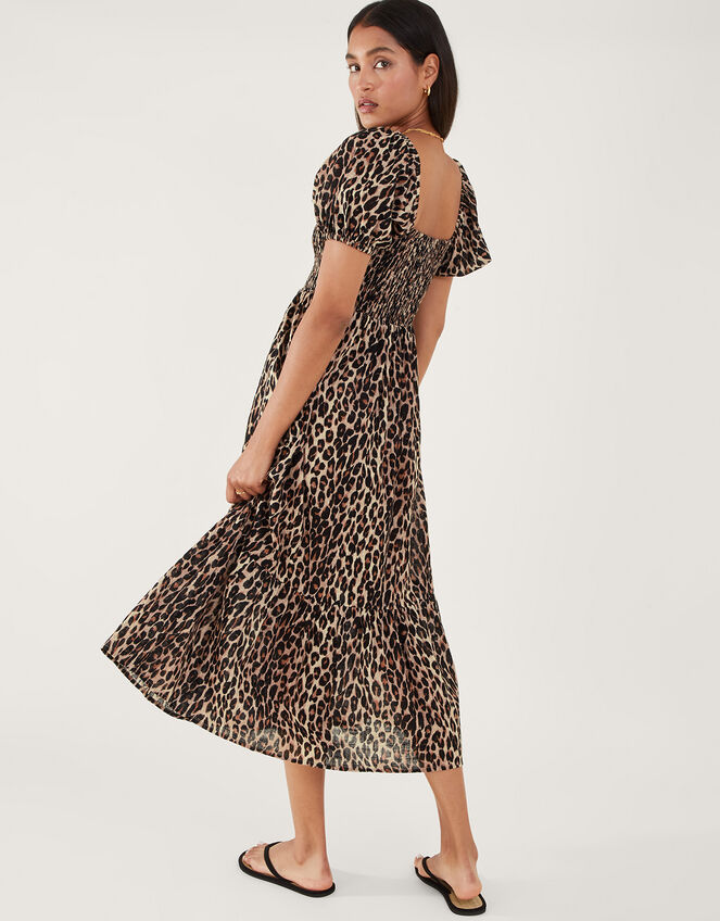 Leopard Print Shirred Puff Sleeve Dress, Brown (BROWN), large
