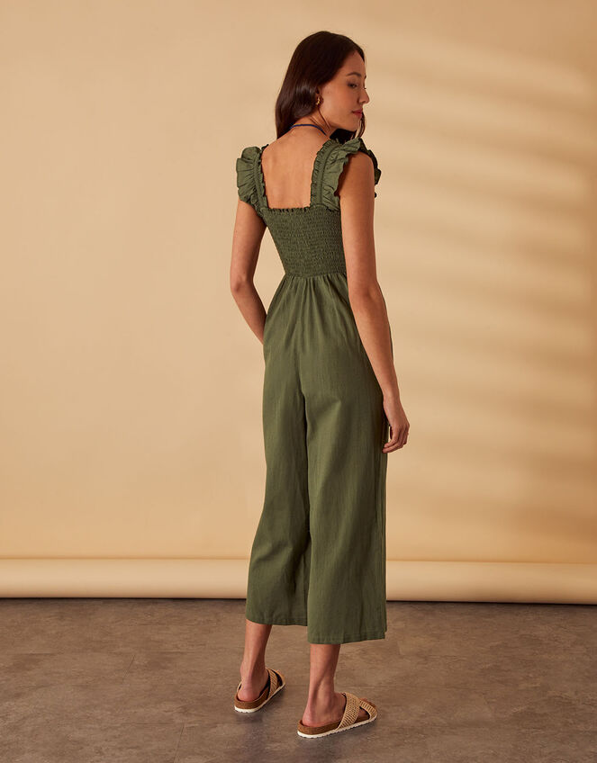 Shirred Frill Shoulder Jumpsuit, Green (KHAKI), large