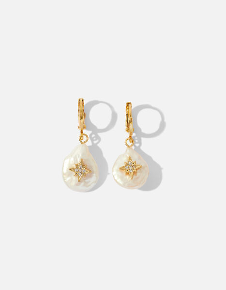 Gold-Plated Pearl Sparkle Drop Hoops, , large