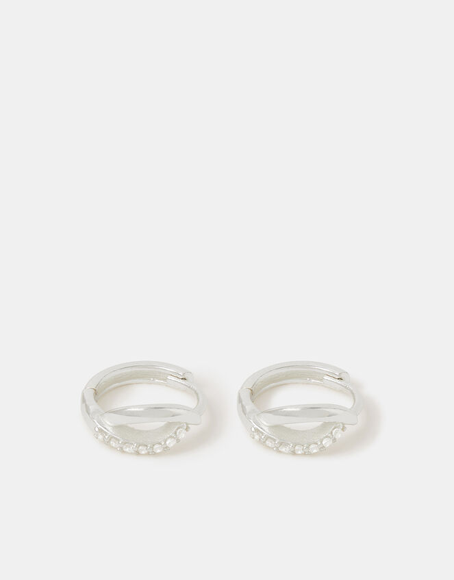 Sterling Silver Diamanté Twist Hoop Earrings , , large