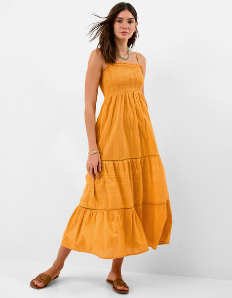 Shimmer Smocked Midi Dress, Gold (GOLD), large