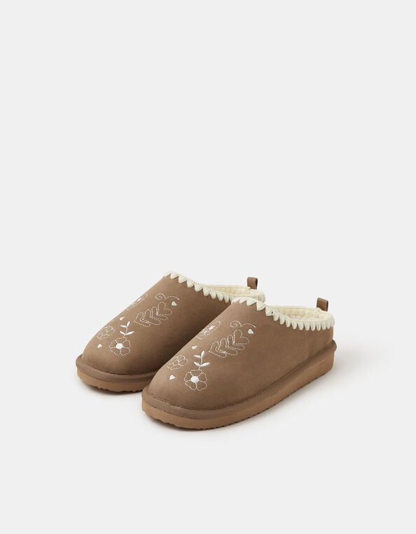 Heart Embroidered Mule Slippers, Brown (BROWN), large