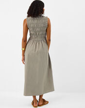 Tie Front Smocked Midi Dress, Green (KHAKI), large