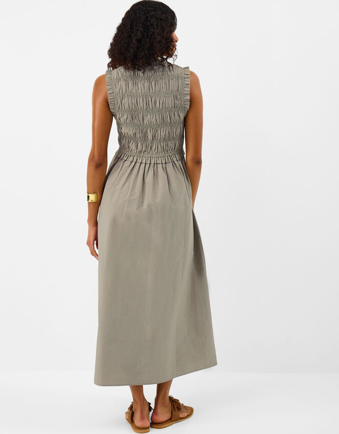 Tie Front Smocked Midi Dress, Green (KHAKI), large