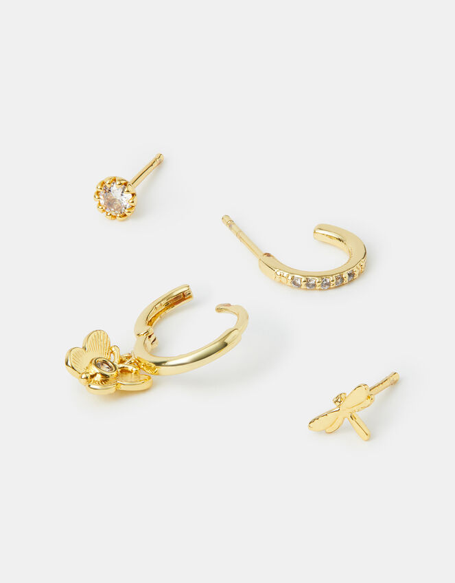 4-Pack 14ct Gold-Plated Dragonfly Stud & Hoop Earrings, , large