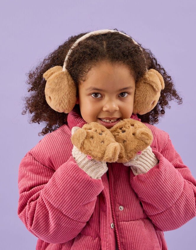 Girls Dog Faux Fur Earmuffs & Mittens Set, Tan (TAN), large