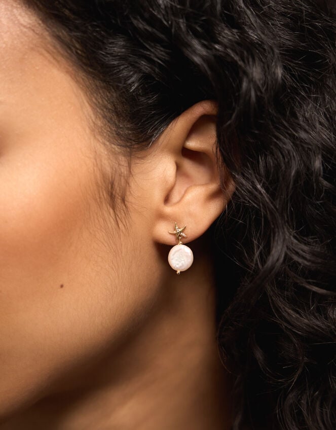 14ct Gold-Plated Starfish Pearl Drop Earrings, , large