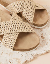 Raffia Cross Strap Footbed Sliders, Natural (NATURAL), large