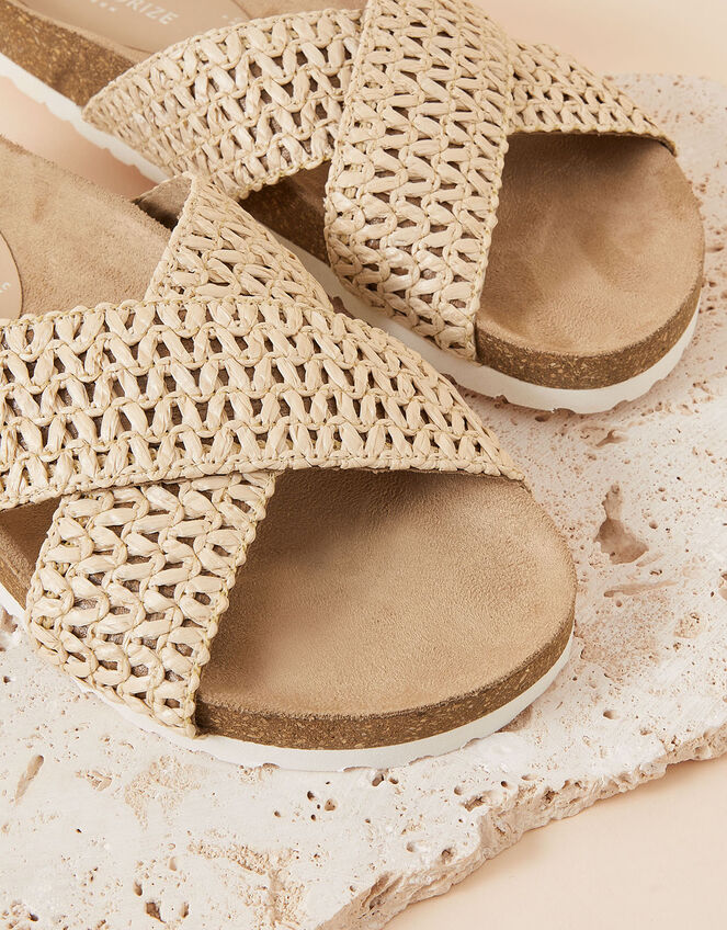 Raffia Cross Strap Footbed Sliders, Natural (NATURAL), large