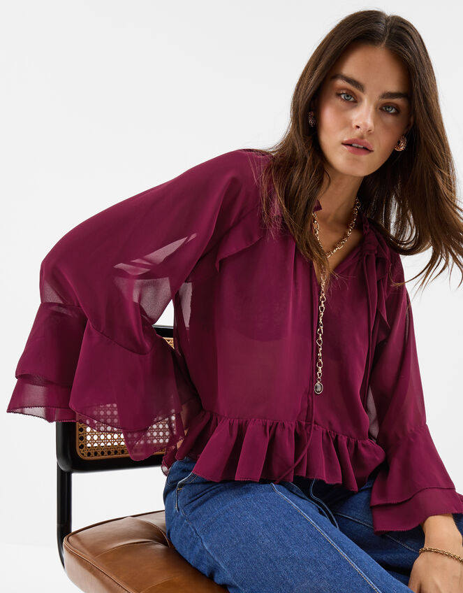Ruffle Chiffon Blouse, Red (BURGUNDY), large