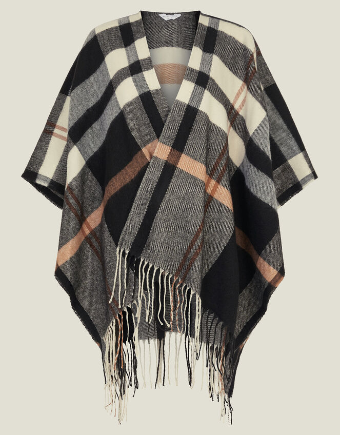 Check Cape Poncho, Black (BLACK), large