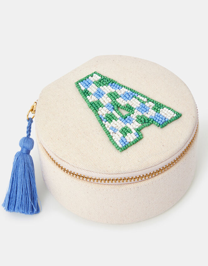 Mini Round Initial Embellished Jewellery Box, Natural (NATURAL), large