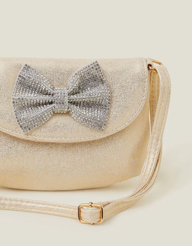 Girls Diamante Bow Metallic Bag, , large
