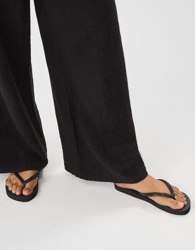 Crystal Embellished Flip Flops, Black (BLACK), large