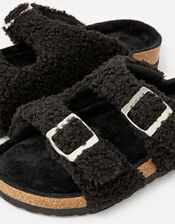 Buckle Footbed Borg Slippers, Black (BLACK), large