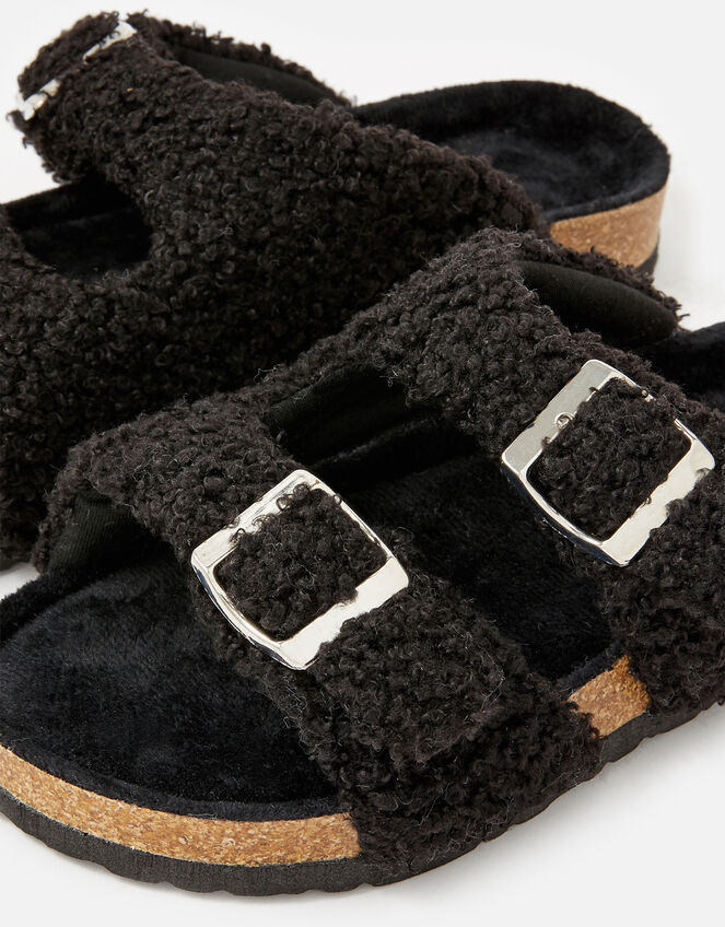 Buckle Footbed Borg Slippers, Black (BLACK), large