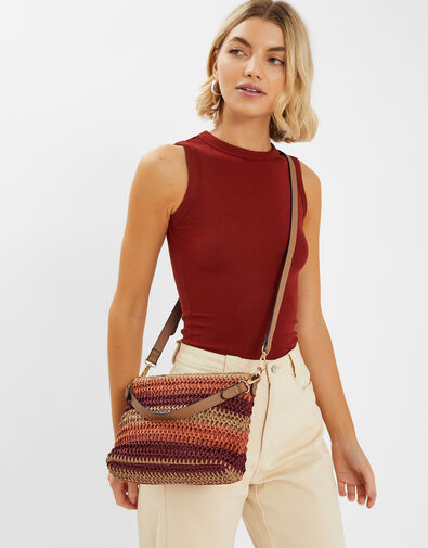 Stripe Raffia Cross-Body Bag, , large