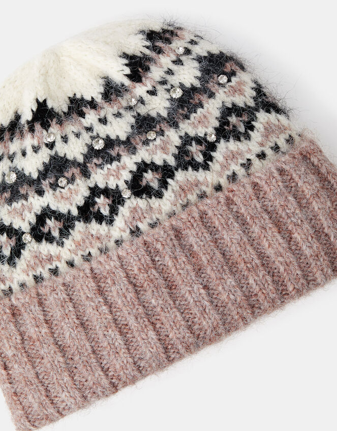Embellished Fair Isle Beanie Hat, , large