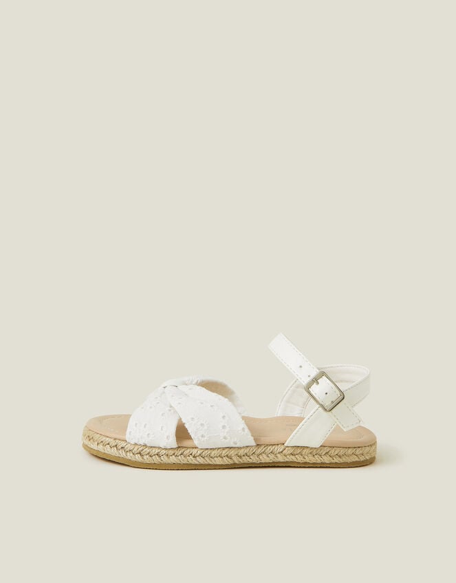 Girls Broderie Strap Jute Sandals, White (WHITE), large