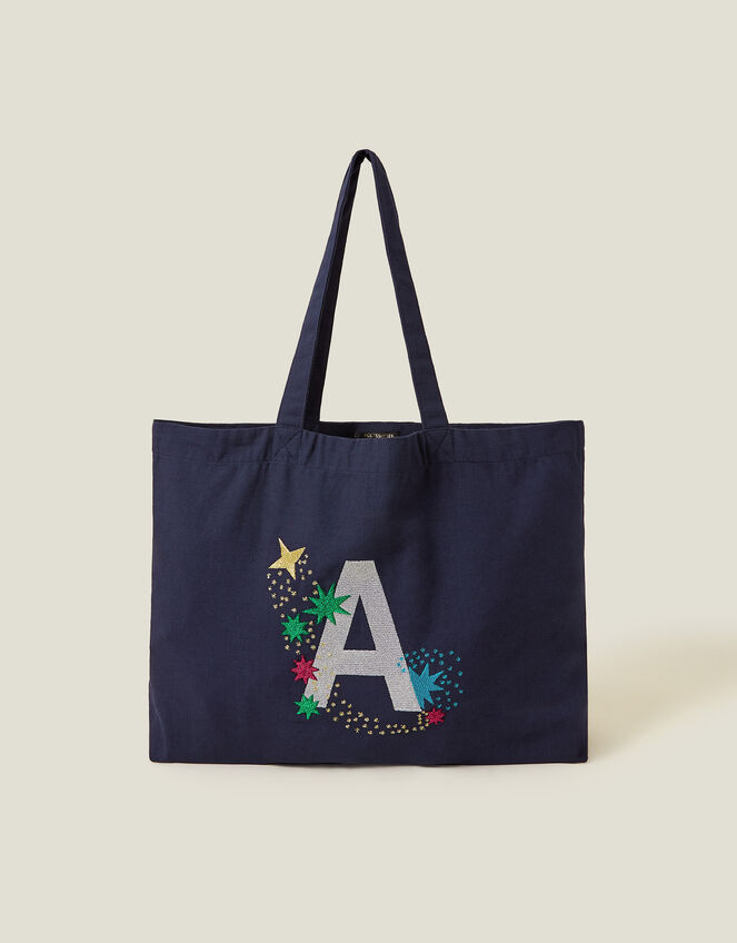 Initial Embroidered Tote Bag, Blue (NAVY), large