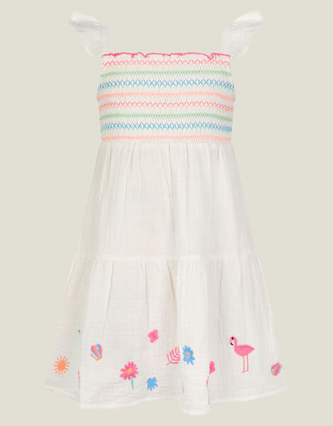 Girls Floral Embroidered Dress, White (WHITE), large