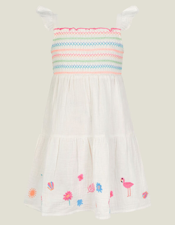 Girls Floral Embroidered Dress, White (WHITE), large