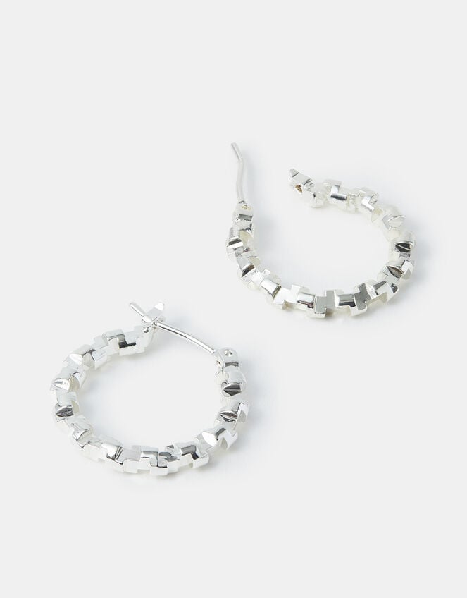 Sterling Silver-Plated Diamond Cut Hoop Earrings, , large