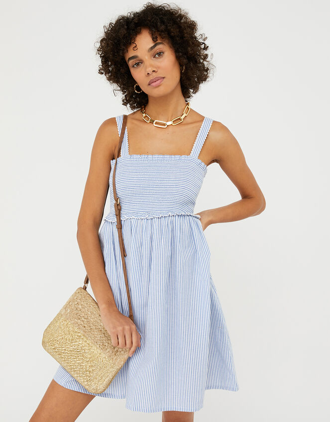 Striped Bandeau Beach Dress in Pure Cotton, Blue (BLUE), large