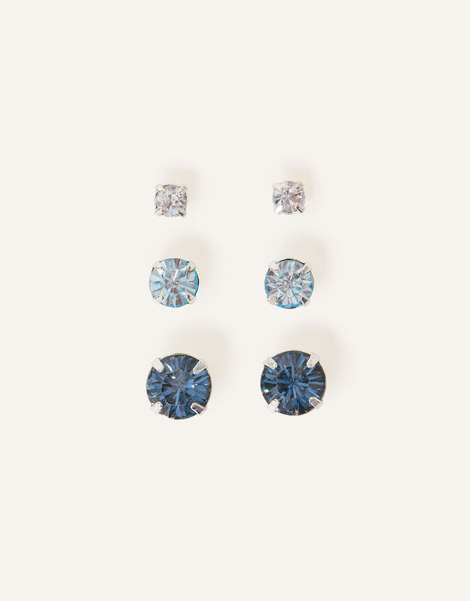 Crystal Stud Earring Set of Three, Blue (BLUE), large