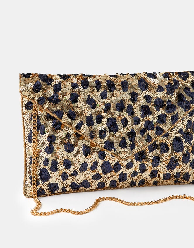 Leopard Print Sequin Clutch Bag, , large