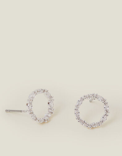 Sterling Silver-Plated Sparkle Circle Stud Earrings, , large