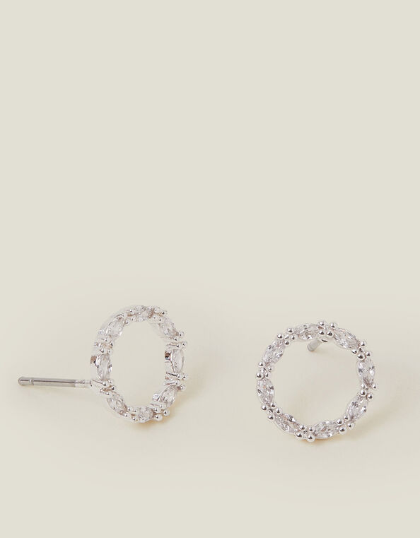 Sterling Silver-Plated Sparkle Circle Stud Earrings, , large