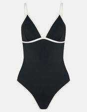 Contrast V-Neck Swimsuit, Black (BLACK), large