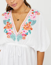 Crinkled Kaftan with Floral Embroidery, White (WHITE), large